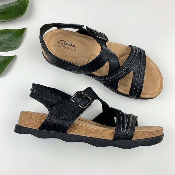Clarks Brynn Step Sandals Black Leather Adjustable Comfort Women's 8 - Picture 1 of 10